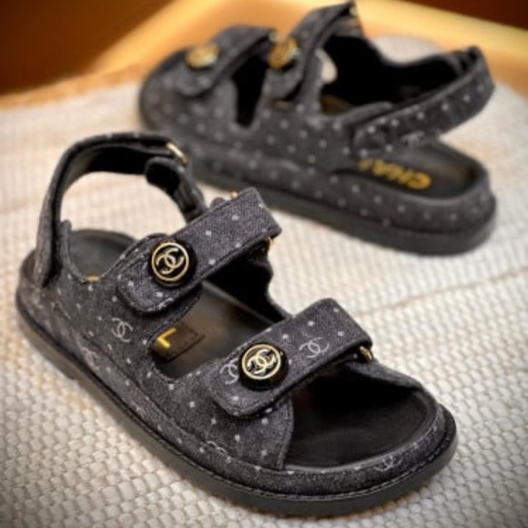 CHANEL Shoes - Authentic Chanel CC Logo Slingback Dad Sandals in Black Denim Size 39